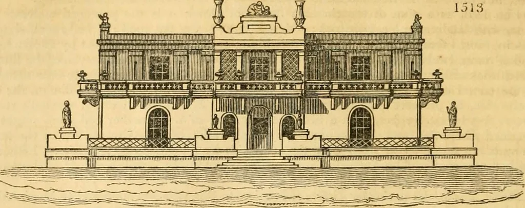 An illustration from An encyclopædia of cottage, farm, and villa architecture and furniture : containing numerous designs for dwellings from the cottage to the villa including farm houses, farmeries, and other agricultural buildings, several designs for country inns, public houses, and parochial schools, with the requisite fittings-up fixtures and furniture ; and appropriate offices, gardens and garden scenery ; each design accompanied by analytical and critical marks illustrative of the principles of archtiectural science and taste on whihc it is composed, 1836, leaf 885