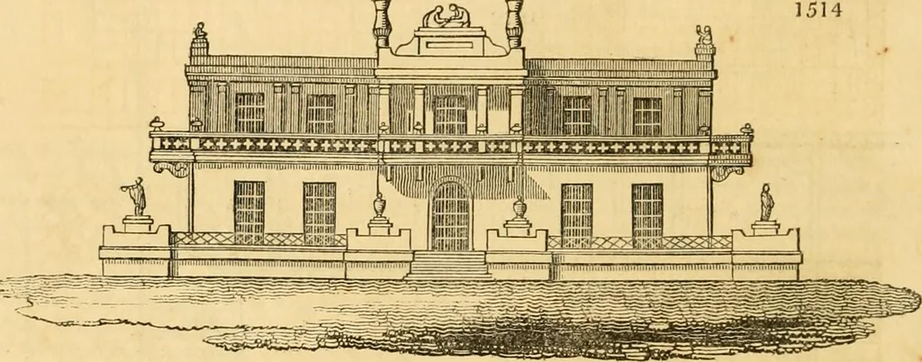 An illustration from An encyclopædia of cottage, farm, and villa architecture and furniture : containing numerous designs for dwellings from the cottage to the villa including farm houses, farmeries, and other agricultural buildings, several designs for country inns, public houses, and parochial schools, with the requisite fittings-up fixtures and furniture ; and appropriate offices, gardens and garden scenery ; each design accompanied by analytical and critical marks illustrative of the principles of archtiectural science and taste on whihc it is composed, 1836, leaf 885