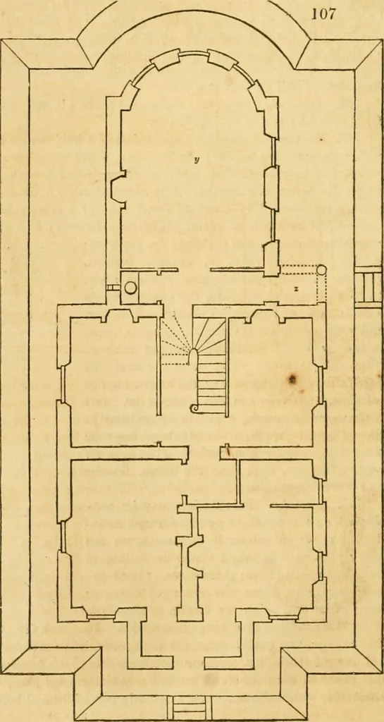 An illustration from An encyclopædia of cottage, farm, and villa architecture and furniture : containing numerous designs for dwellings from the cottage to the villa including farm houses, farmeries, and other agricultural buildings, several designs for country inns, public houses, and parochial schools, with the requisite fittings-up fixtures and furniture ; and appropriate offices, gardens and garden scenery ; each design accompanied by analytical and critical marks illustrative of the principles of archtiectural science and taste on whihc it is composed, 1836, leaf 89