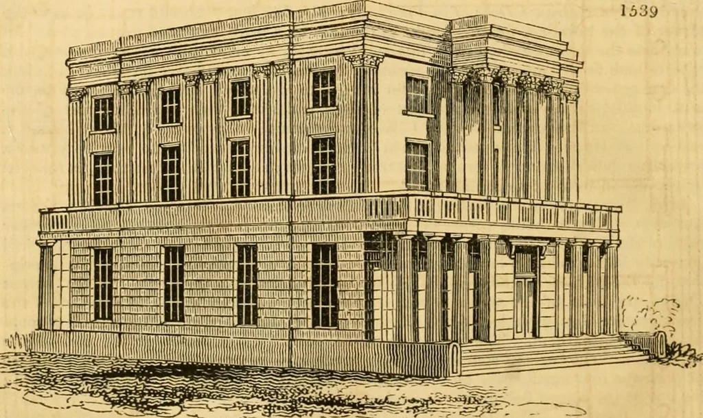 An illustration from An encyclopædia of cottage, farm, and villa architecture and furniture : containing numerous designs for dwellings from the cottage to the villa including farm houses, farmeries, and other agricultural buildings, several designs for country inns, public houses, and parochial schools, with the requisite fittings-up fixtures and furniture ; and appropriate offices, gardens and garden scenery ; each design accompanied by analytical and critical marks illustrative of the principles of archtiectural science and taste on whihc it is composed, 1836, leaf 893