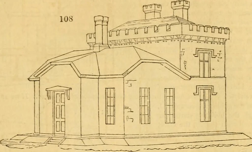 An illustration from An encyclopædia of cottage, farm, and villa architecture and furniture : containing numerous designs for dwellings from the cottage to the villa including farm houses, farmeries, and other agricultural buildings, several designs for country inns, public houses, and parochial schools, with the requisite fittings-up fixtures and furniture ; and appropriate offices, gardens and garden scenery ; each design accompanied by analytical and critical marks illustrative of the principles of archtiectural science and taste on whihc it is composed, 1836, leaf 90