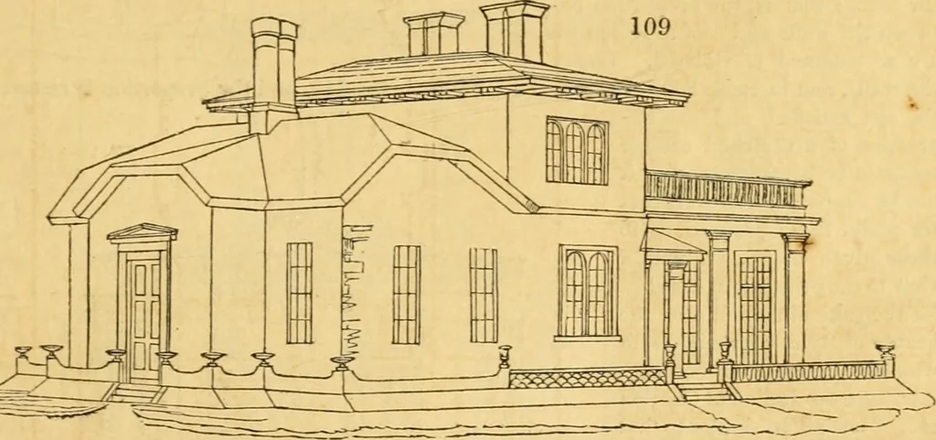 An illustration from An encyclopædia of cottage, farm, and villa architecture and furniture : containing numerous designs for dwellings from the cottage to the villa including farm houses, farmeries, and other agricultural buildings, several designs for country inns, public houses, and parochial schools, with the requisite fittings-up fixtures and furniture ; and appropriate offices, gardens and garden scenery ; each design accompanied by analytical and critical marks illustrative of the principles of archtiectural science and taste on whihc it is composed, 1836, leaf 90