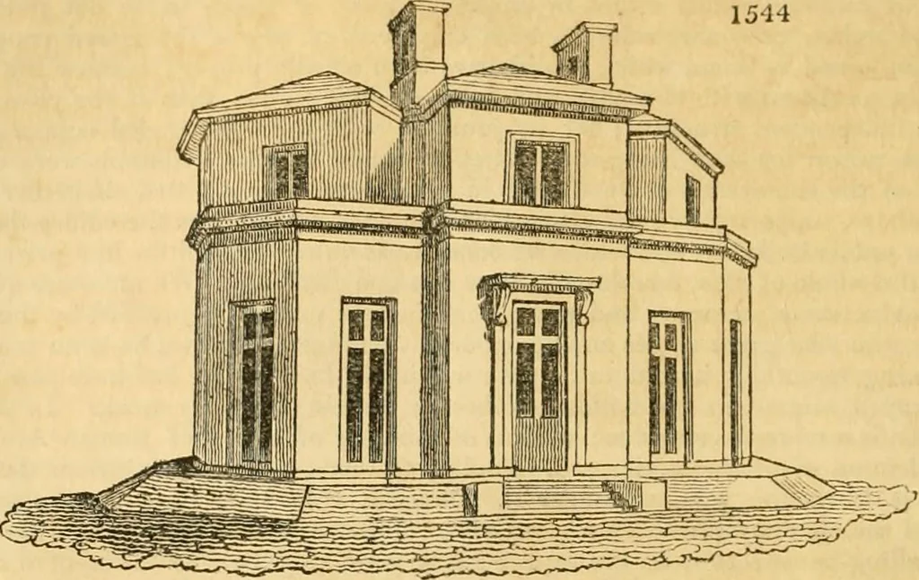 An illustration from An encyclopædia of cottage, farm, and villa architecture and furniture : containing numerous designs for dwellings from the cottage to the villa including farm houses, farmeries, and other agricultural buildings, several designs for country inns, public houses, and parochial schools, with the requisite fittings-up fixtures and furniture ; and appropriate offices, gardens and garden scenery ; each design accompanied by analytical and critical marks illustrative of the principles of archtiectural science and taste on whihc it is composed, 1836, leaf 901