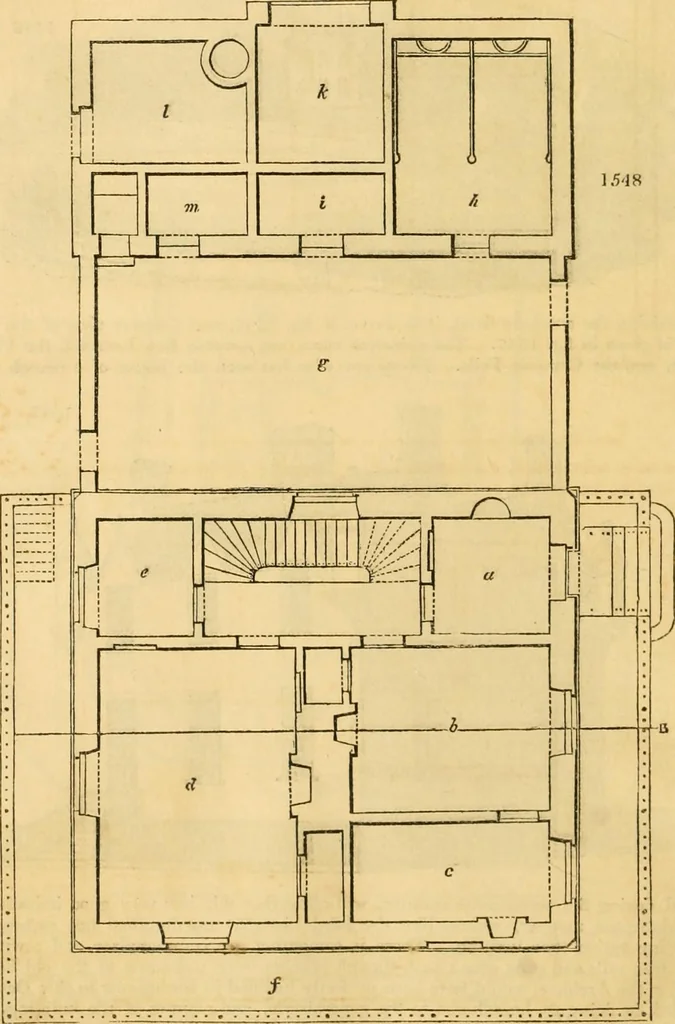 An illustration from An encyclopædia of cottage, farm, and villa architecture and furniture : containing numerous designs for dwellings from the cottage to the villa including farm houses, farmeries, and other agricultural buildings, several designs for country inns, public houses, and parochial schools, with the requisite fittings-up fixtures and furniture ; and appropriate offices, gardens and garden scenery ; each design accompanied by analytical and critical marks illustrative of the principles of archtiectural science and taste on whihc it is composed, 1836, leaf 903