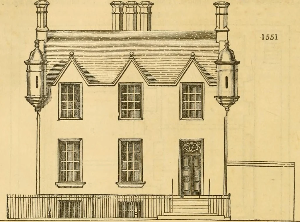 An illustration from An encyclopædia of cottage, farm, and villa architecture and furniture : containing numerous designs for dwellings from the cottage to the villa including farm houses, farmeries, and other agricultural buildings, several designs for country inns, public houses, and parochial schools, with the requisite fittings-up fixtures and furniture ; and appropriate offices, gardens and garden scenery ; each design accompanied by analytical and critical marks illustrative of the principles of archtiectural science and taste on whihc it is composed, 1836, leaf 905