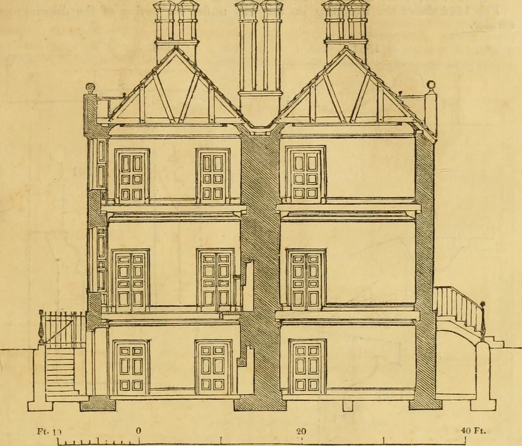 An illustration from An encyclopædia of cottage, farm, and villa architecture and furniture : containing numerous designs for dwellings from the cottage to the villa including farm houses, farmeries, and other agricultural buildings, several designs for country inns, public houses, and parochial schools, with the requisite fittings-up fixtures and furniture ; and appropriate offices, gardens and garden scenery ; each design accompanied by analytical and critical marks illustrative of the principles of archtiectural science and taste on whihc it is composed, 1836, leaf 906