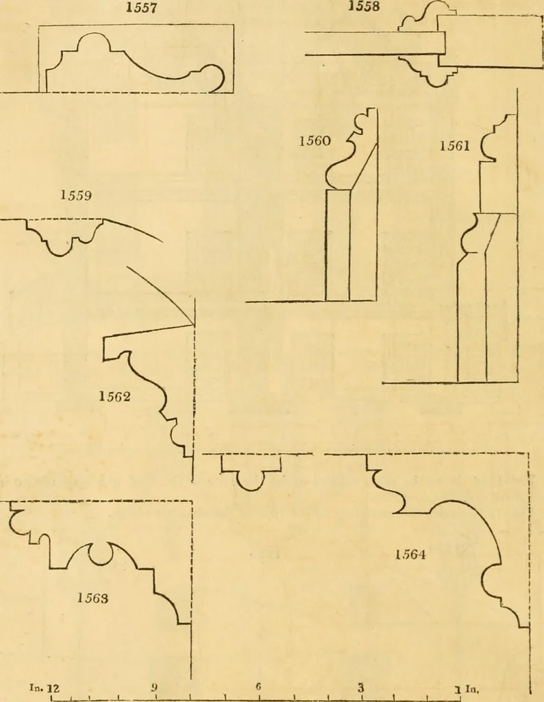 An illustration from An encyclopædia of cottage, farm, and villa architecture and furniture : containing numerous designs for dwellings from the cottage to the villa including farm houses, farmeries, and other agricultural buildings, several designs for country inns, public houses, and parochial schools, with the requisite fittings-up fixtures and furniture ; and appropriate offices, gardens and garden scenery ; each design accompanied by analytical and critical marks illustrative of the principles of archtiectural science and taste on whihc it is composed, 1836, leaf 907
