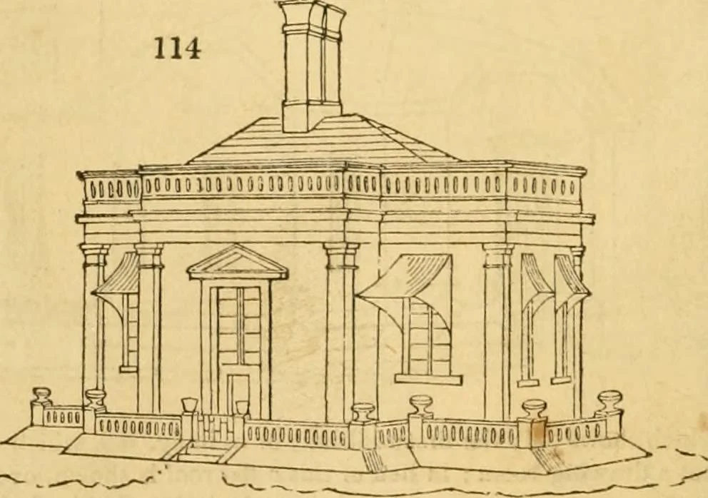 An illustration from An encyclopædia of cottage, farm, and villa architecture and furniture : containing numerous designs for dwellings from the cottage to the villa including farm houses, farmeries, and other agricultural buildings, several designs for country inns, public houses, and parochial schools, with the requisite fittings-up fixtures and furniture ; and appropriate offices, gardens and garden scenery ; each design accompanied by analytical and critical marks illustrative of the principles of archtiectural science and taste on whihc it is composed, 1836, leaf 91