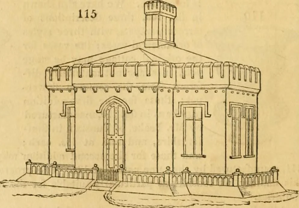An illustration from An encyclopædia of cottage, farm, and villa architecture and furniture : containing numerous designs for dwellings from the cottage to the villa including farm houses, farmeries, and other agricultural buildings, several designs for country inns, public houses, and parochial schools, with the requisite fittings-up fixtures and furniture ; and appropriate offices, gardens and garden scenery ; each design accompanied by analytical and critical marks illustrative of the principles of archtiectural science and taste on whihc it is composed, 1836, leaf 91