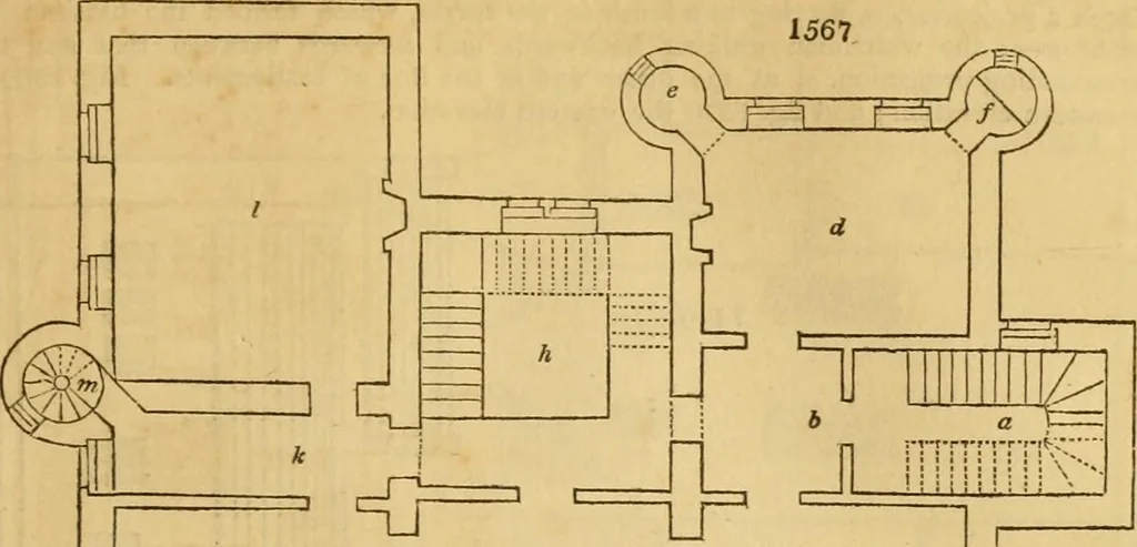 An illustration from An encyclopædia of cottage, farm, and villa architecture and furniture : containing numerous designs for dwellings from the cottage to the villa including farm houses, farmeries, and other agricultural buildings, several designs for country inns, public houses, and parochial schools, with the requisite fittings-up fixtures and furniture ; and appropriate offices, gardens and garden scenery ; each design accompanied by analytical and critical marks illustrative of the principles of archtiectural science and taste on whihc it is composed, 1836, leaf 910
