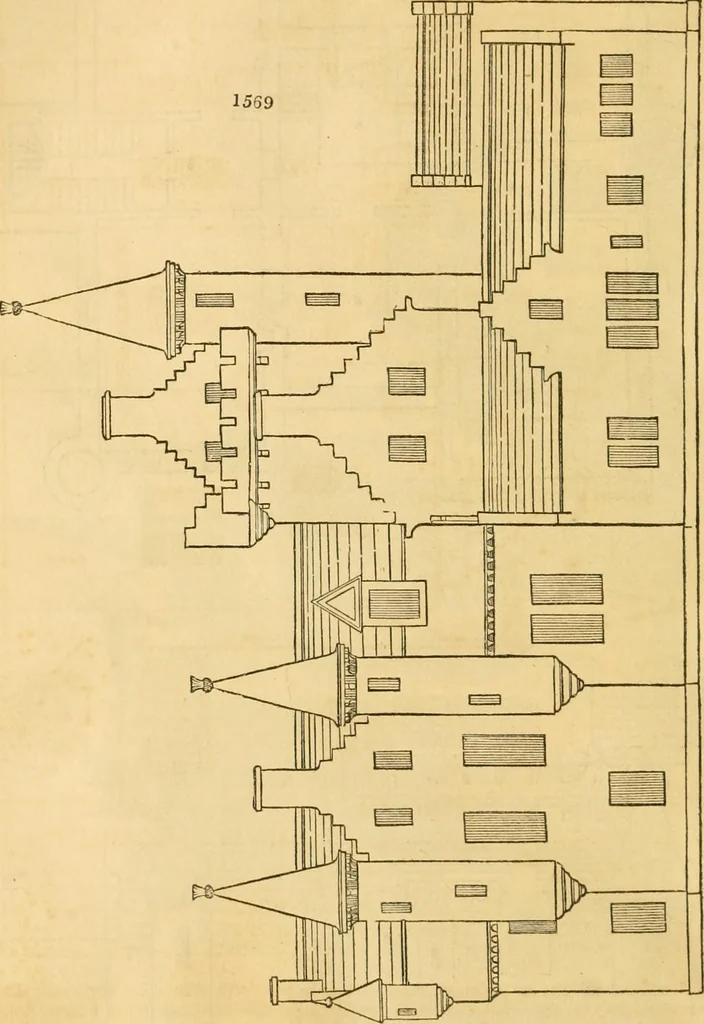An illustration from An encyclopædia of cottage, farm, and villa architecture and furniture : containing numerous designs for dwellings from the cottage to the villa including farm houses, farmeries, and other agricultural buildings, several designs for country inns, public houses, and parochial schools, with the requisite fittings-up fixtures and furniture ; and appropriate offices, gardens and garden scenery ; each design accompanied by analytical and critical marks illustrative of the principles of archtiectural science and taste on whihc it is composed, 1836, leaf 911