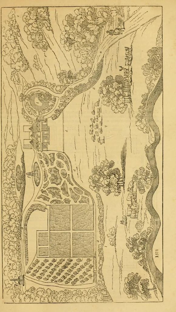 An illustration from An encyclopædia of cottage, farm, and villa architecture and furniture : containing numerous designs for dwellings from the cottage to the villa including farm houses, farmeries, and other agricultural buildings, several designs for country inns, public houses, and parochial schools, with the requisite fittings-up fixtures and furniture ; and appropriate offices, gardens and garden scenery ; each design accompanied by analytical and critical marks illustrative of the principles of archtiectural science and taste on whihc it is composed, 1836, leaf 914