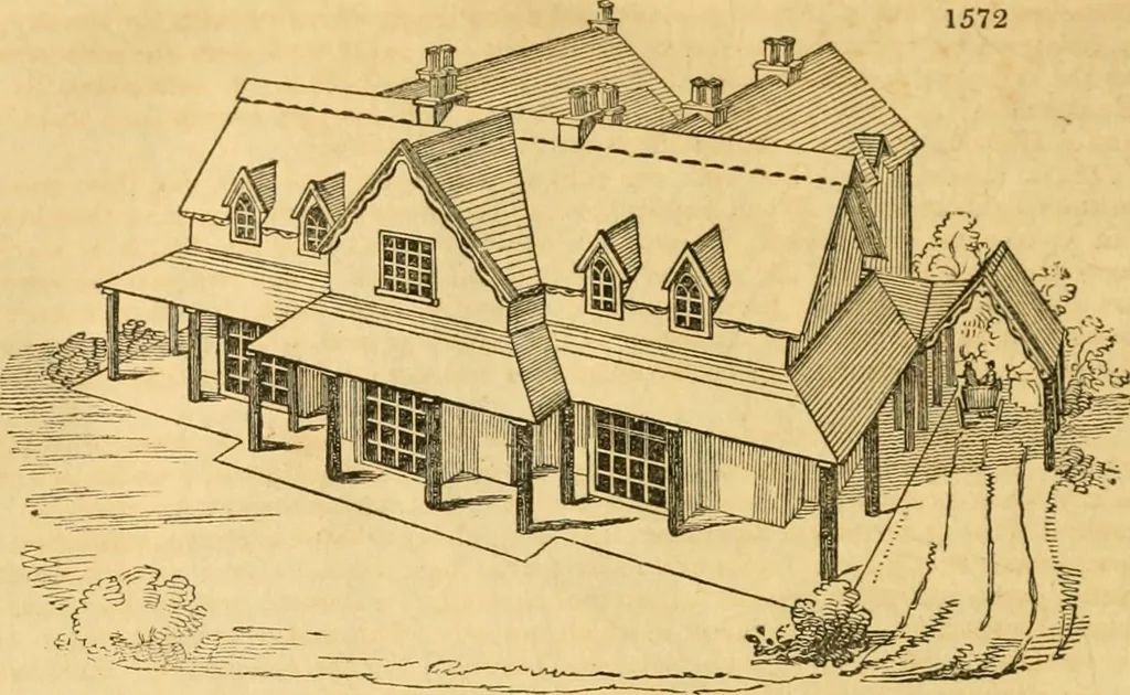 An illustration from An encyclopædia of cottage, farm, and villa architecture and furniture : containing numerous designs for dwellings from the cottage to the villa including farm houses, farmeries, and other agricultural buildings, several designs for country inns, public houses, and parochial schools, with the requisite fittings-up fixtures and furniture ; and appropriate offices, gardens and garden scenery ; each design accompanied by analytical and critical marks illustrative of the principles of archtiectural science and taste on whihc it is composed, 1836, leaf 915