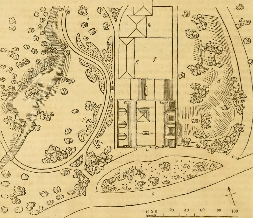 An illustration from An encyclopædia of cottage, farm, and villa architecture and furniture : containing numerous designs for dwellings from the cottage to the villa including farm houses, farmeries, and other agricultural buildings, several designs for country inns, public houses, and parochial schools, with the requisite fittings-up fixtures and furniture ; and appropriate offices, gardens and garden scenery ; each design accompanied by analytical and critical marks illustrative of the principles of archtiectural science and taste on whihc it is composed, 1836, leaf 921
