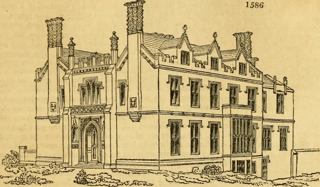 An illustration from An encyclopædia of cottage, farm, and villa architecture and furniture : containing numerous designs for dwellings from the cottage to the villa including farm houses, farmeries, and other agricultural buildings, several designs for country inns, public houses, and parochial schools, with the requisite fittings-up fixtures and furniture ; and appropriate offices, gardens and garden scenery ; each design accompanied by analytical and critical marks illustrative of the principles of archtiectural science and taste on whihc it is composed, 1836, leaf 922