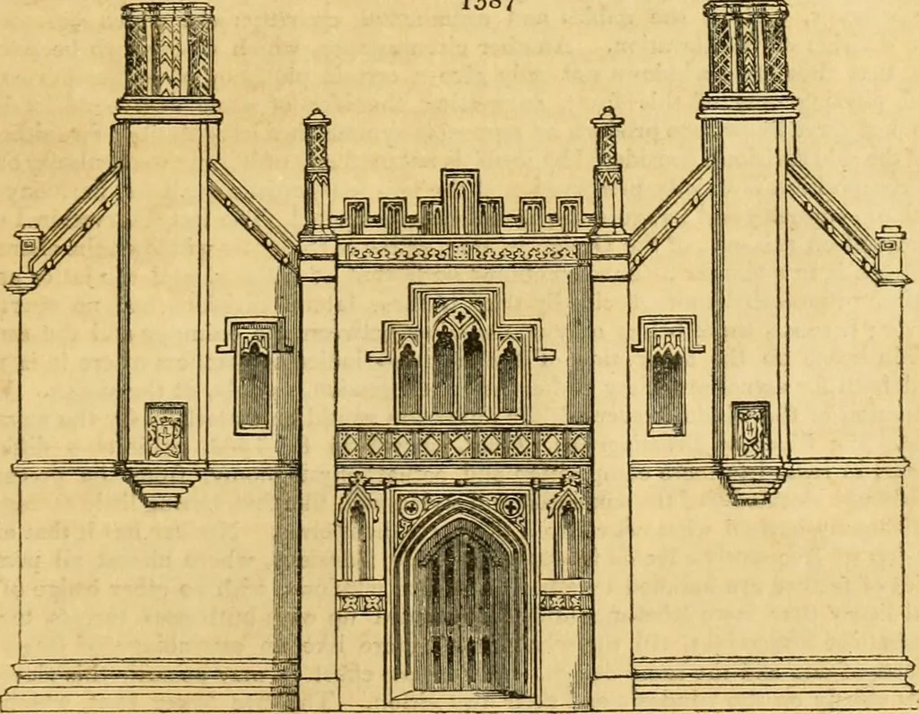 An illustration from An encyclopædia of cottage, farm, and villa architecture and furniture : containing numerous designs for dwellings from the cottage to the villa including farm houses, farmeries, and other agricultural buildings, several designs for country inns, public houses, and parochial schools, with the requisite fittings-up fixtures and furniture ; and appropriate offices, gardens and garden scenery ; each design accompanied by analytical and critical marks illustrative of the principles of archtiectural science and taste on whihc it is composed, 1836, leaf 922