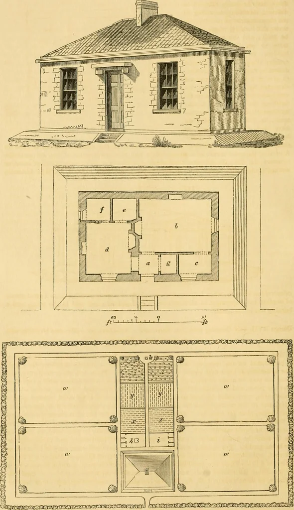 An illustration from An encyclopædia of cottage, farm, and villa architecture and furniture : containing numerous designs for dwellings from the cottage to the villa including farm houses, farmeries, and other agricultural buildings, several designs for country inns, public houses, and parochial schools, with the requisite fittings-up fixtures and furniture ; and appropriate offices, gardens and garden scenery ; each design accompanied by analytical and critical marks illustrative of the principles of archtiectural science and taste on whihc it is composed, 1836, leaf 93