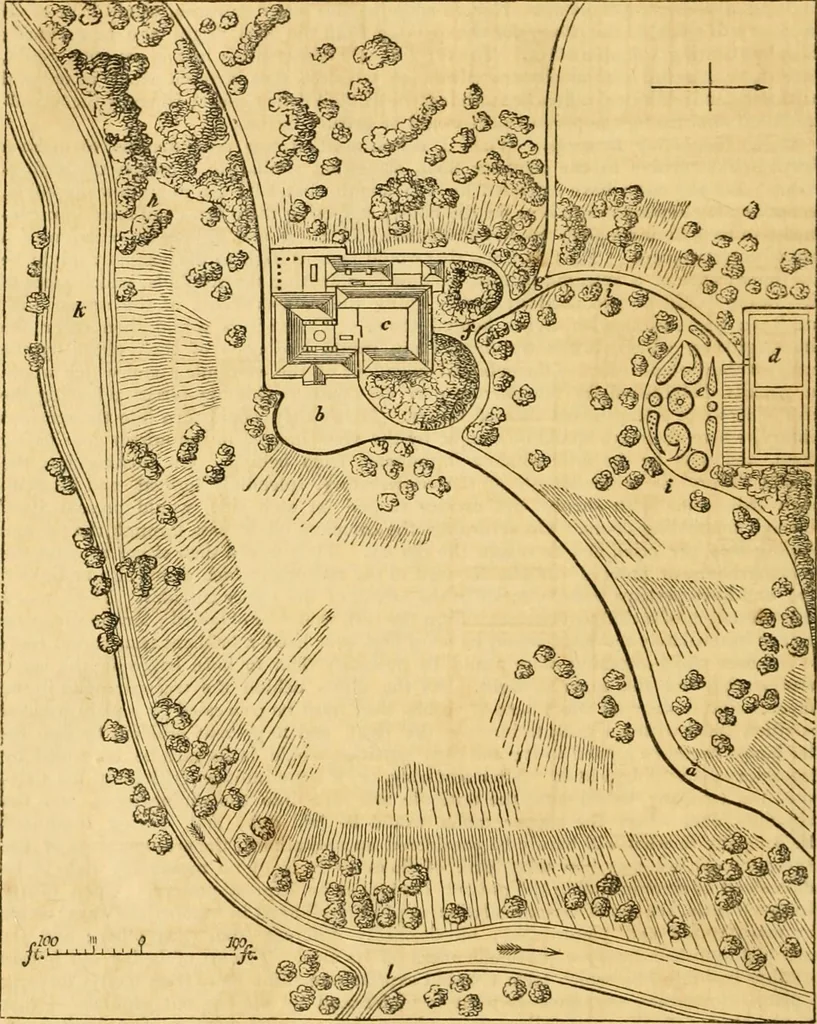 An illustration from An encyclopædia of cottage, farm, and villa architecture and furniture : containing numerous designs for dwellings from the cottage to the villa including farm houses, farmeries, and other agricultural buildings, several designs for country inns, public houses, and parochial schools, with the requisite fittings-up fixtures and furniture ; and appropriate offices, gardens and garden scenery ; each design accompanied by analytical and critical marks illustrative of the principles of archtiectural science and taste on whihc it is composed, 1836, leaf 937