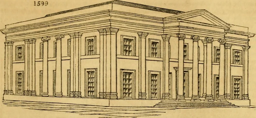 An illustration from An encyclopædia of cottage, farm, and villa architecture and furniture : containing numerous designs for dwellings from the cottage to the villa including farm houses, farmeries, and other agricultural buildings, several designs for country inns, public houses, and parochial schools, with the requisite fittings-up fixtures and furniture ; and appropriate offices, gardens and garden scenery ; each design accompanied by analytical and critical marks illustrative of the principles of archtiectural science and taste on whihc it is composed, 1836, leaf 938