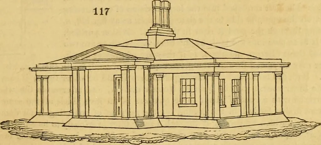 An illustration from An encyclopædia of cottage, farm, and villa architecture and furniture : containing numerous designs for dwellings from the cottage to the villa including farm houses, farmeries, and other agricultural buildings, several designs for country inns, public houses, and parochial schools, with the requisite fittings-up fixtures and furniture ; and appropriate offices, gardens and garden scenery ; each design accompanied by analytical and critical marks illustrative of the principles of archtiectural science and taste on whihc it is composed, 1836, leaf 94