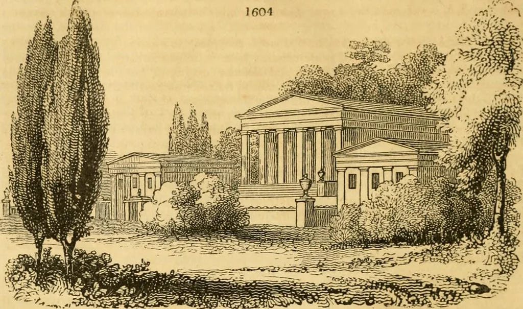 An illustration from An encyclopædia of cottage, farm, and villa architecture and furniture : containing numerous designs for dwellings from the cottage to the villa including farm houses, farmeries, and other agricultural buildings, several designs for country inns, public houses, and parochial schools, with the requisite fittings-up fixtures and furniture ; and appropriate offices, gardens and garden scenery ; each design accompanied by analytical and critical marks illustrative of the principles of archtiectural science and taste on whihc it is composed, 1836, leaf 941