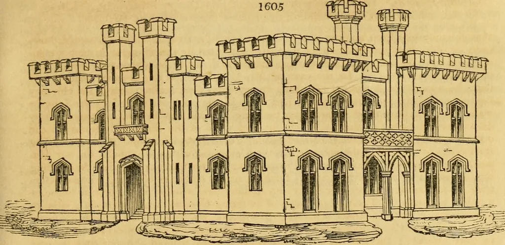 An illustration from An encyclopædia of cottage, farm, and villa architecture and furniture : containing numerous designs for dwellings from the cottage to the villa including farm houses, farmeries, and other agricultural buildings, several designs for country inns, public houses, and parochial schools, with the requisite fittings-up fixtures and furniture ; and appropriate offices, gardens and garden scenery ; each design accompanied by analytical and critical marks illustrative of the principles of archtiectural science and taste on whihc it is composed, 1836, leaf 942