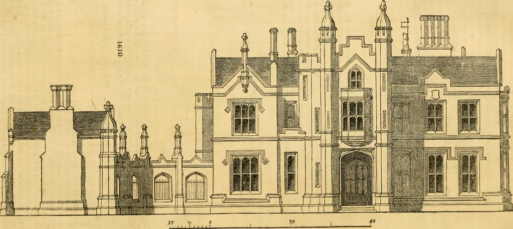 An illustration from An encyclopædia of cottage, farm, and villa architecture and furniture : containing numerous designs for dwellings from the cottage to the villa including farm houses, farmeries, and other agricultural buildings, several designs for country inns, public houses, and parochial schools, with the requisite fittings-up fixtures and furniture ; and appropriate offices, gardens and garden scenery ; each design accompanied by analytical and critical marks illustrative of the principles of archtiectural science and taste on whihc it is composed, 1836, leaf 945