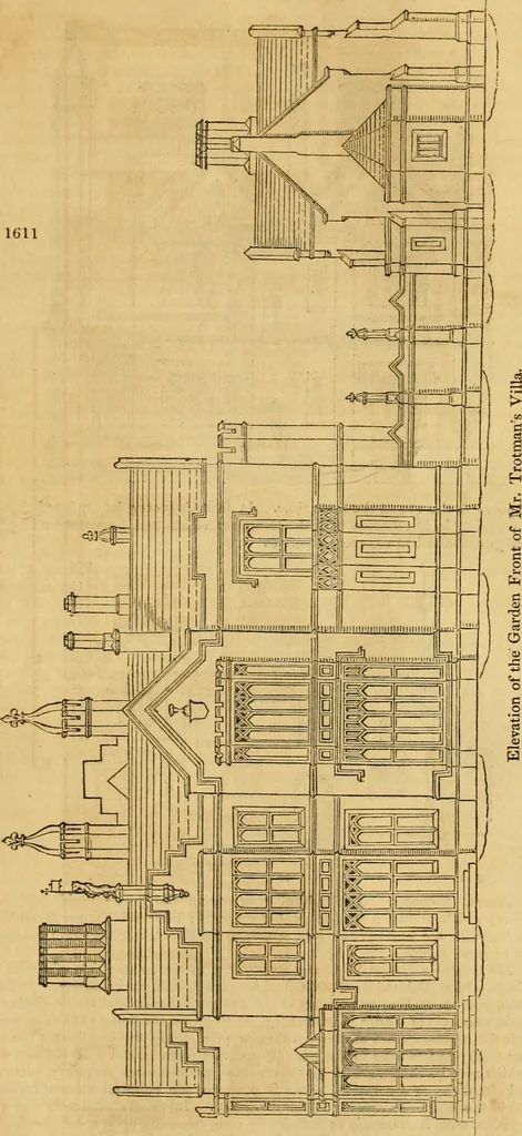 An illustration from An encyclopædia of cottage, farm, and villa architecture and furniture : containing numerous designs for dwellings from the cottage to the villa including farm houses, farmeries, and other agricultural buildings, several designs for country inns, public houses, and parochial schools, with the requisite fittings-up fixtures and furniture ; and appropriate offices, gardens and garden scenery ; each design accompanied by analytical and critical marks illustrative of the principles of archtiectural science and taste on whihc it is composed, 1836, leaf 946