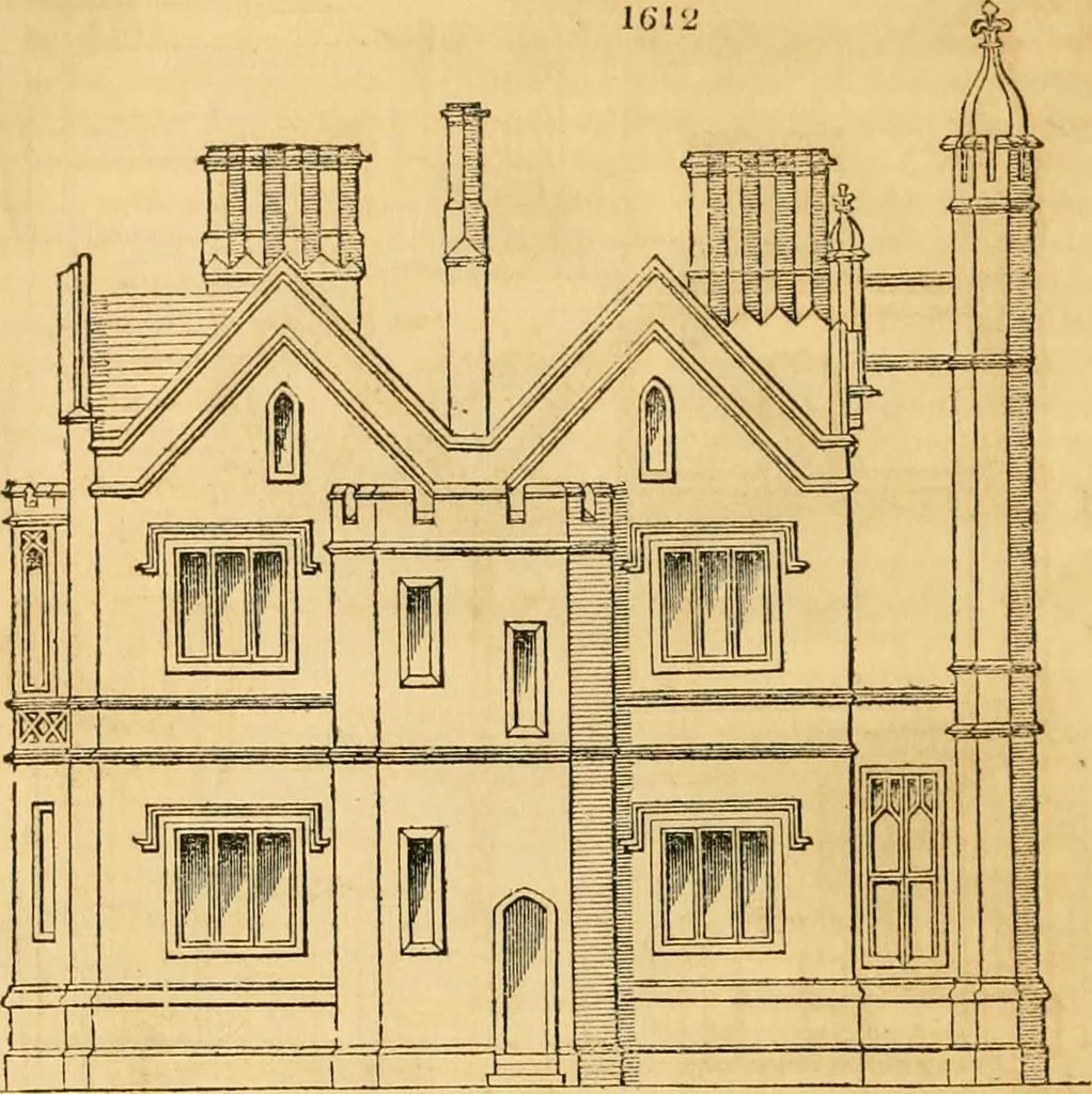 An illustration from An encyclopædia of cottage, farm, and villa architecture and furniture : containing numerous designs for dwellings from the cottage to the villa including farm houses, farmeries, and other agricultural buildings, several designs for country inns, public houses, and parochial schools, with the requisite fittings-up fixtures and furniture ; and appropriate offices, gardens and garden scenery ; each design accompanied by analytical and critical marks illustrative of the principles of archtiectural science and taste on whihc it is composed, 1836, leaf 947