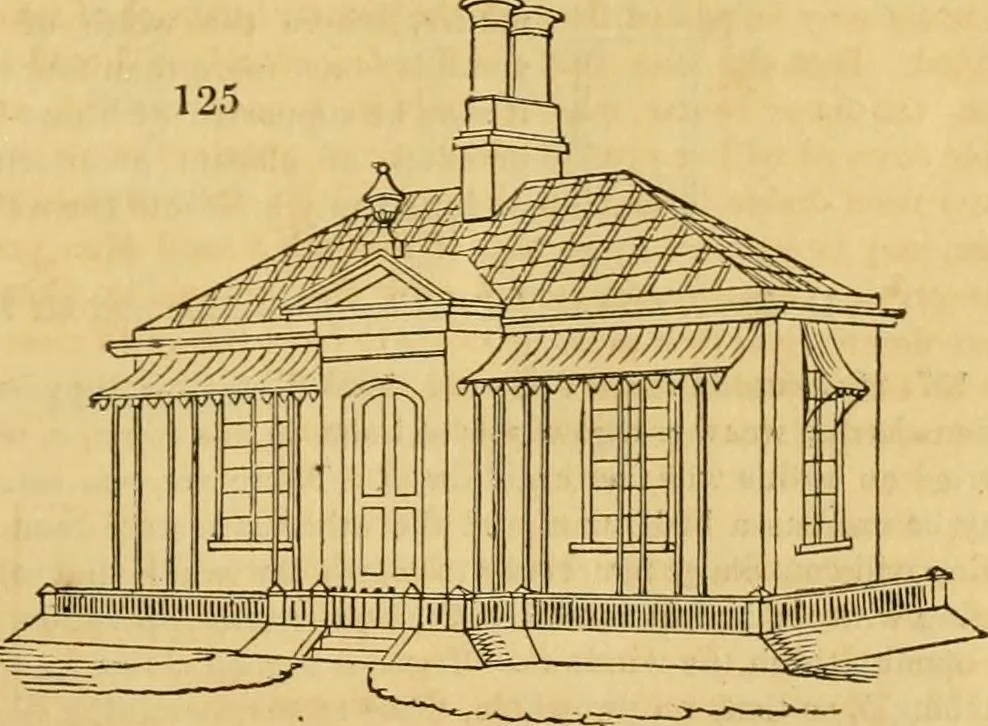 An illustration from An encyclopædia of cottage, farm, and villa architecture and furniture : containing numerous designs for dwellings from the cottage to the villa including farm houses, farmeries, and other agricultural buildings, several designs for country inns, public houses, and parochial schools, with the requisite fittings-up fixtures and furniture ; and appropriate offices, gardens and garden scenery ; each design accompanied by analytical and critical marks illustrative of the principles of archtiectural science and taste on whihc it is composed, 1836, leaf 96