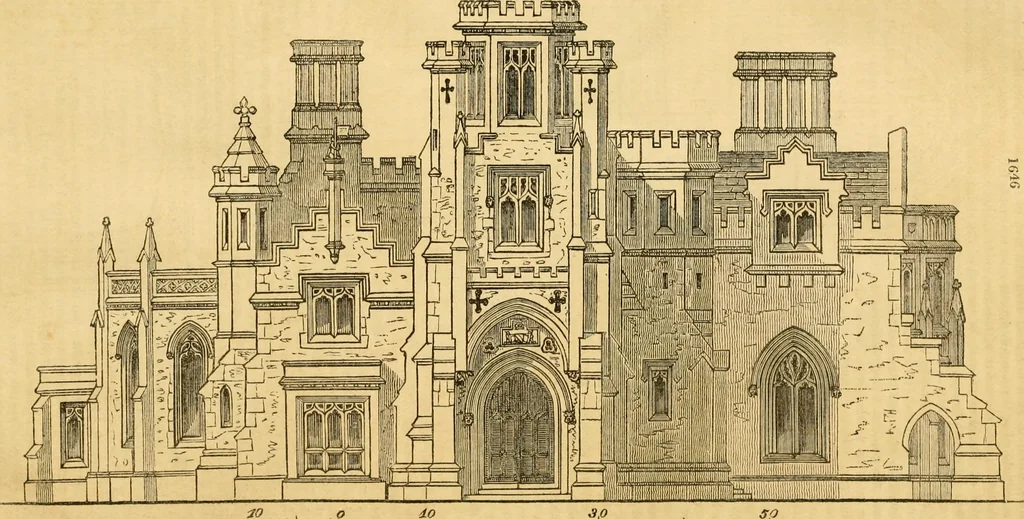 An illustration from An encyclopædia of cottage, farm, and villa architecture and furniture : containing numerous designs for dwellings from the cottage to the villa including farm houses, farmeries, and other agricultural buildings, several designs for country inns, public houses, and parochial schools, with the requisite fittings-up fixtures and furniture ; and appropriate offices, gardens and garden scenery ; each design accompanied by analytical and critical marks illustrative of the principles of archtiectural science and taste on whihc it is composed, 1836, leaf 967