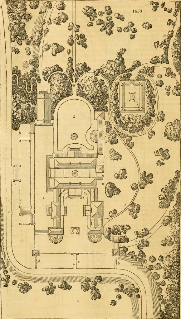 An illustration from An encyclopædia of cottage, farm, and villa architecture and furniture : containing numerous designs for dwellings from the cottage to the villa including farm houses, farmeries, and other agricultural buildings, several designs for country inns, public houses, and parochial schools, with the requisite fittings-up fixtures and furniture ; and appropriate offices, gardens and garden scenery ; each design accompanied by analytical and critical marks illustrative of the principles of archtiectural science and taste on whihc it is composed, 1836, leaf 971