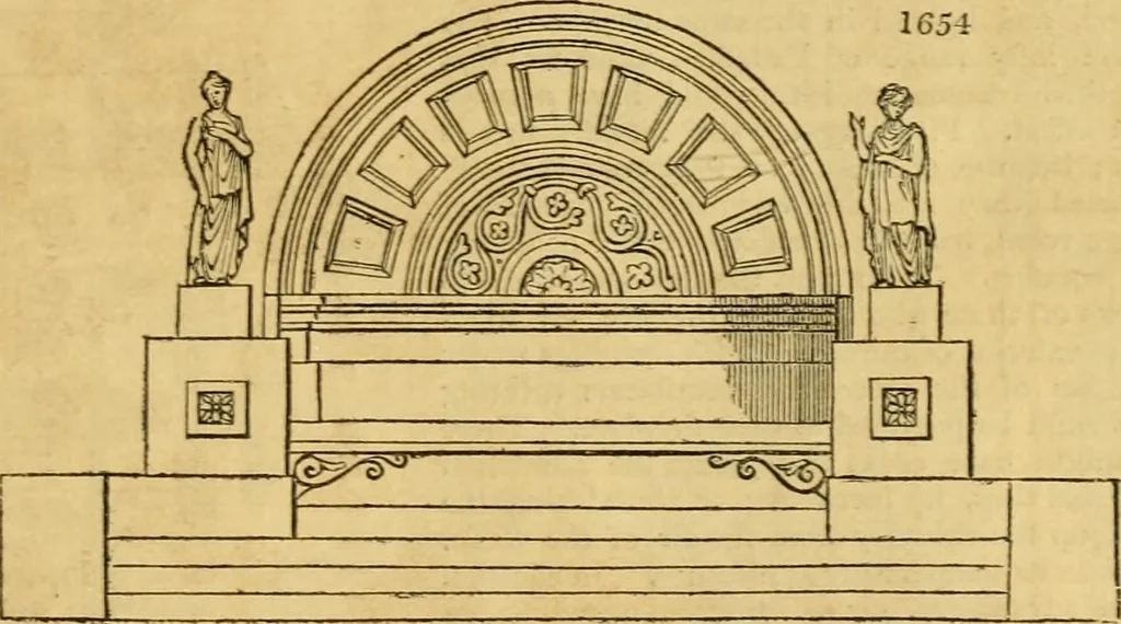 An illustration from An encyclopædia of cottage, farm, and villa architecture and furniture : containing numerous designs for dwellings from the cottage to the villa including farm houses, farmeries, and other agricultural buildings, several designs for country inns, public houses, and parochial schools, with the requisite fittings-up fixtures and furniture ; and appropriate offices, gardens and garden scenery ; each design accompanied by analytical and critical marks illustrative of the principles of archtiectural science and taste on whihc it is composed, 1836, leaf 972
