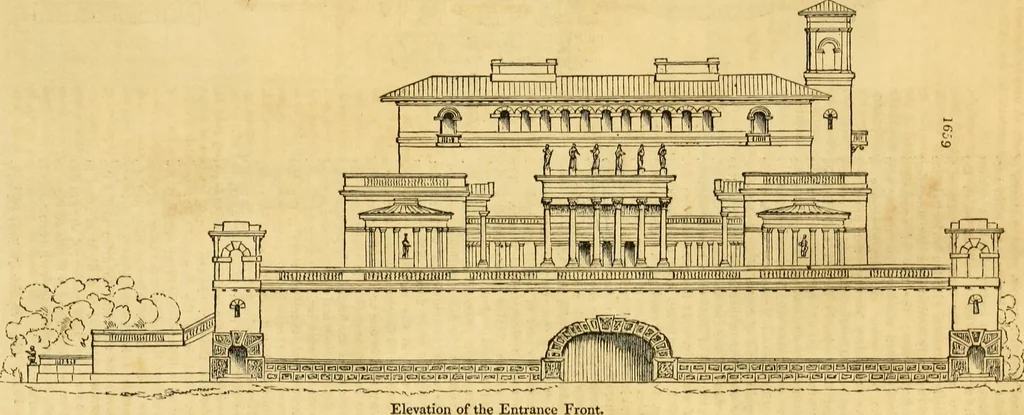 An illustration from An encyclopædia of cottage, farm, and villa architecture and furniture : containing numerous designs for dwellings from the cottage to the villa including farm houses, farmeries, and other agricultural buildings, several designs for country inns, public houses, and parochial schools, with the requisite fittings-up fixtures and furniture ; and appropriate offices, gardens and garden scenery ; each design accompanied by analytical and critical marks illustrative of the principles of archtiectural science and taste on whihc it is composed, 1836, leaf 974