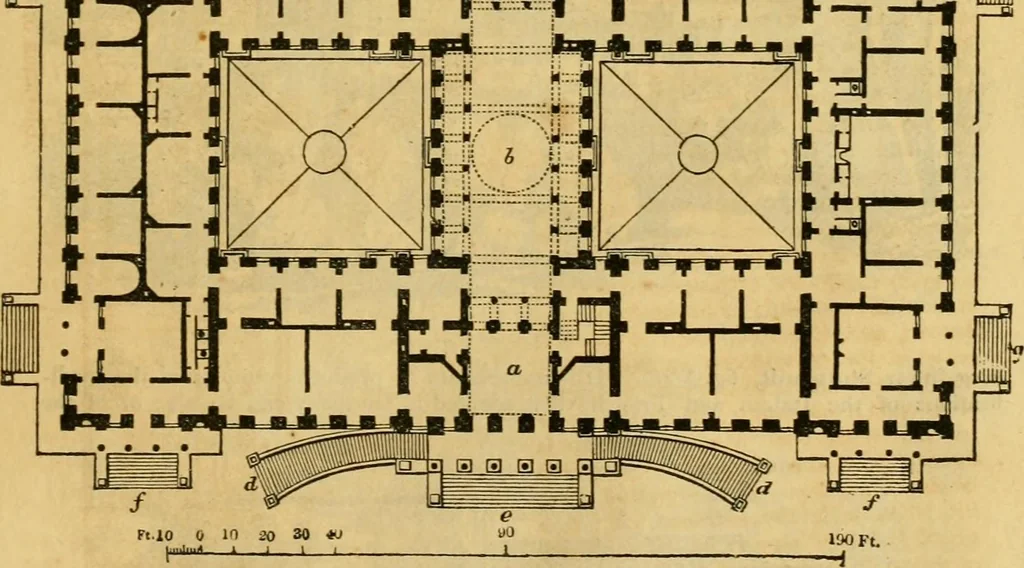 An illustration from An encyclopædia of cottage, farm, and villa architecture and furniture : containing numerous designs for dwellings from the cottage to the villa including farm houses, farmeries, and other agricultural buildings, several designs for country inns, public houses, and parochial schools, with the requisite fittings-up fixtures and furniture ; and appropriate offices, gardens and garden scenery ; each design accompanied by analytical and critical marks illustrative of the principles of archtiectural science and taste on whihc it is composed, 1836, leaf 976