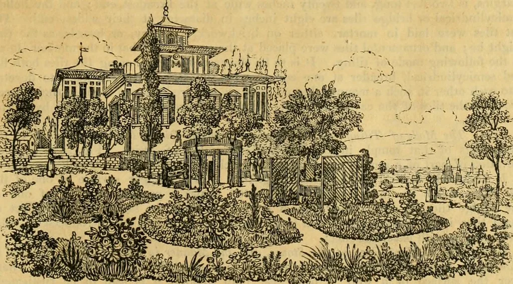 An illustration from An encyclopædia of cottage, farm, and villa architecture and furniture : containing numerous designs for dwellings from the cottage to the villa including farm houses, farmeries, and other agricultural buildings, several designs for country inns, public houses, and parochial schools, with the requisite fittings-up fixtures and furniture ; and appropriate offices, gardens and garden scenery ; each design accompanied by analytical and critical marks illustrative of the principles of archtiectural science and taste on whihc it is composed, 1836, leaf 978