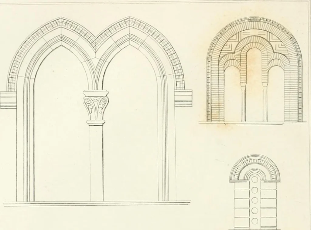 An illustration from Encyclopedia of architecture : a dictionary of the science and practice of architecture, building, carpentry, etc., from the earliest ages to the present time, forming a comprehensive work of reference for the use of architects, builders, carpenters, masons, engineers, students, professional men, and amateurs, 1852, leaf 107
