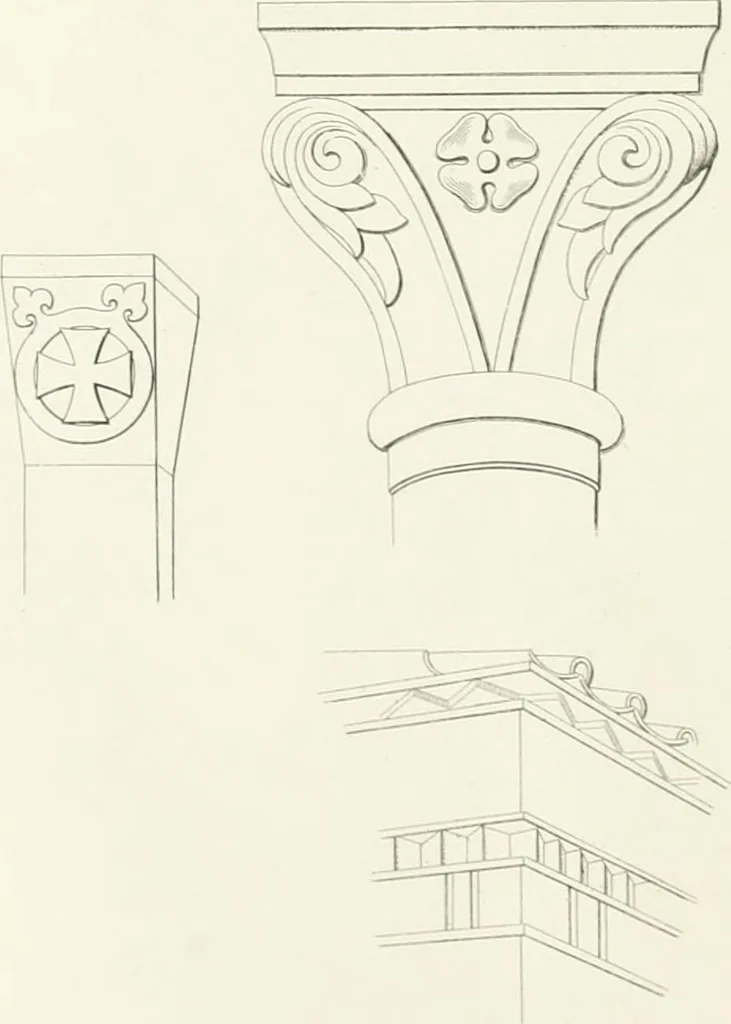 An illustration from Encyclopedia of architecture : a dictionary of the science and practice of architecture, building, carpentry, etc., from the earliest ages to the present time, forming a comprehensive work of reference for the use of architects, builders, carpenters, masons, engineers, students, professional men, and amateurs, 1852, leaf 107