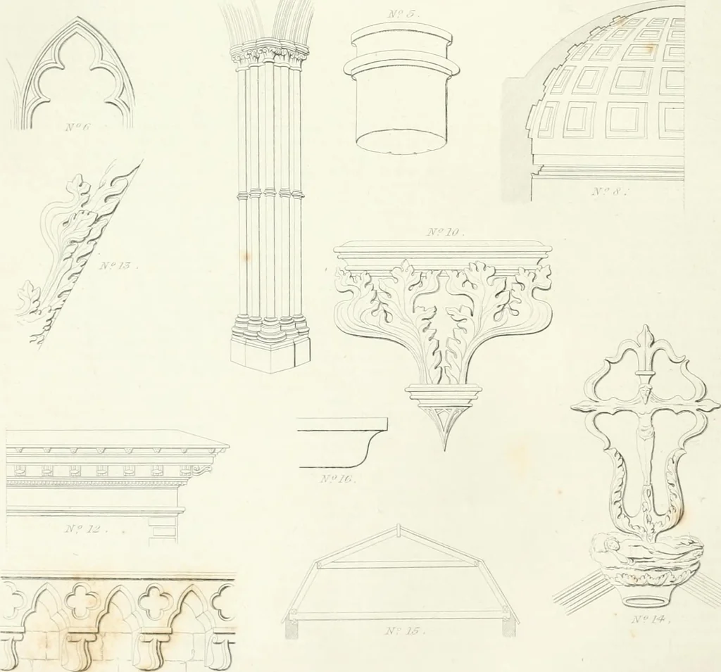 An illustration from Encyclopedia of architecture : a dictionary of the science and practice of architecture, building, carpentry, etc., from the earliest ages to the present time, forming a comprehensive work of reference for the use of architects, builders, carpenters, masons, engineers, students, professional men, and amateurs, 1852, leaf 113