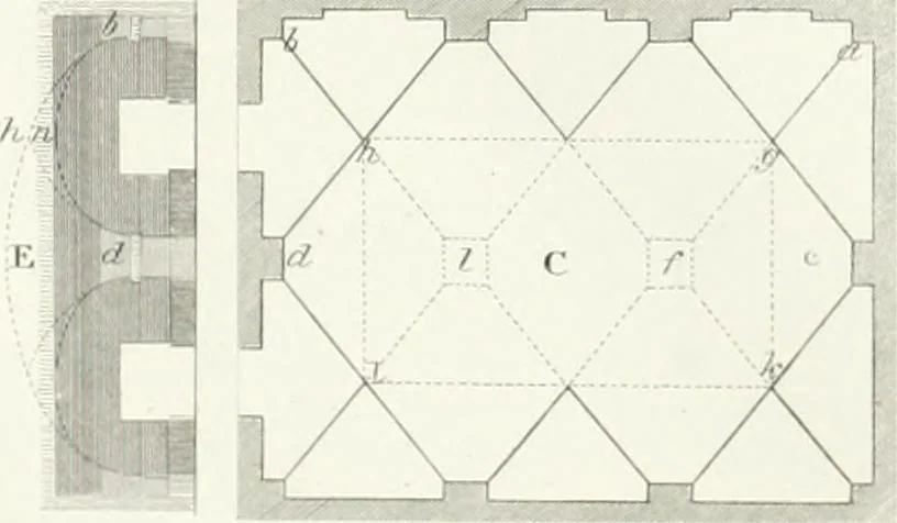 An illustration from Encyclopedia of architecture : a dictionary of the science and practice of architecture, building, carpentry, etc., from the earliest ages to the present time, forming a comprehensive work of reference for the use of architects, builders, carpenters, masons, engineers, students, professional men, and amateurs, 1852, leaf 147