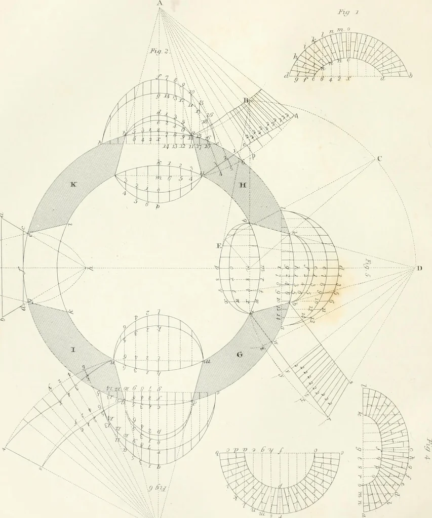 An illustration from Encyclopedia of architecture : a dictionary of the science and practice of architecture, building, carpentry, etc., from the earliest ages to the present time, forming a comprehensive work of reference for the use of architects, builders, carpenters, masons, engineers, students, professional men, and amateurs, 1852, leaf 161