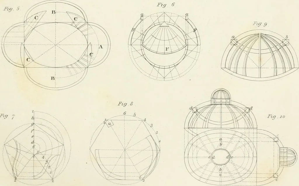 An illustration from Encyclopedia of architecture : a dictionary of the science and practice of architecture, building, carpentry, etc., from the earliest ages to the present time, forming a comprehensive work of reference for the use of architects, builders, carpenters, masons, engineers, students, professional men, and amateurs, 1852, leaf 166