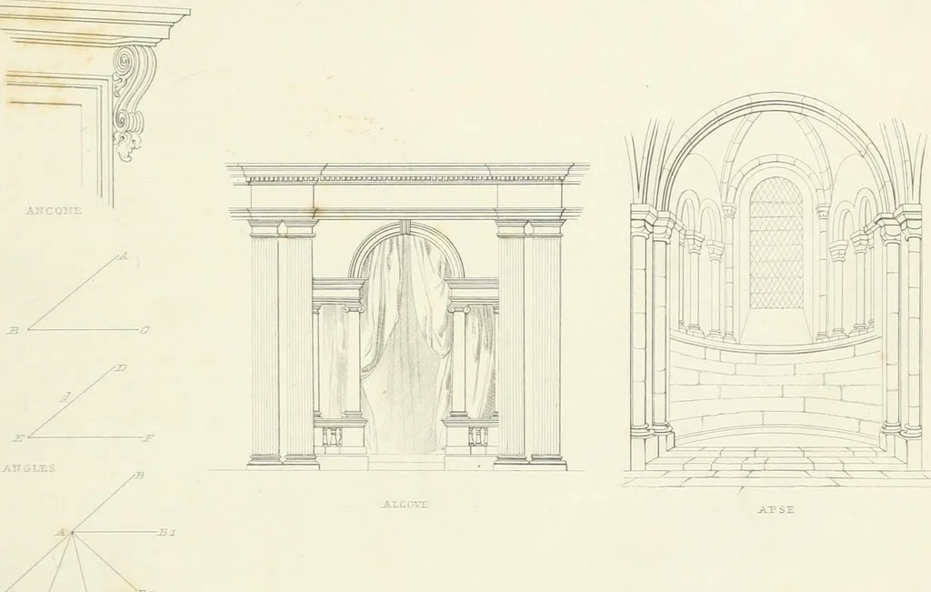 An illustration from Encyclopedia of architecture : a dictionary of the science and practice of architecture, building, carpentry, etc., from the earliest ages to the present time, forming a comprehensive work of reference for the use of architects, builders, carpenters, masons, engineers, students, professional men, and amateurs, 1852, leaf 22