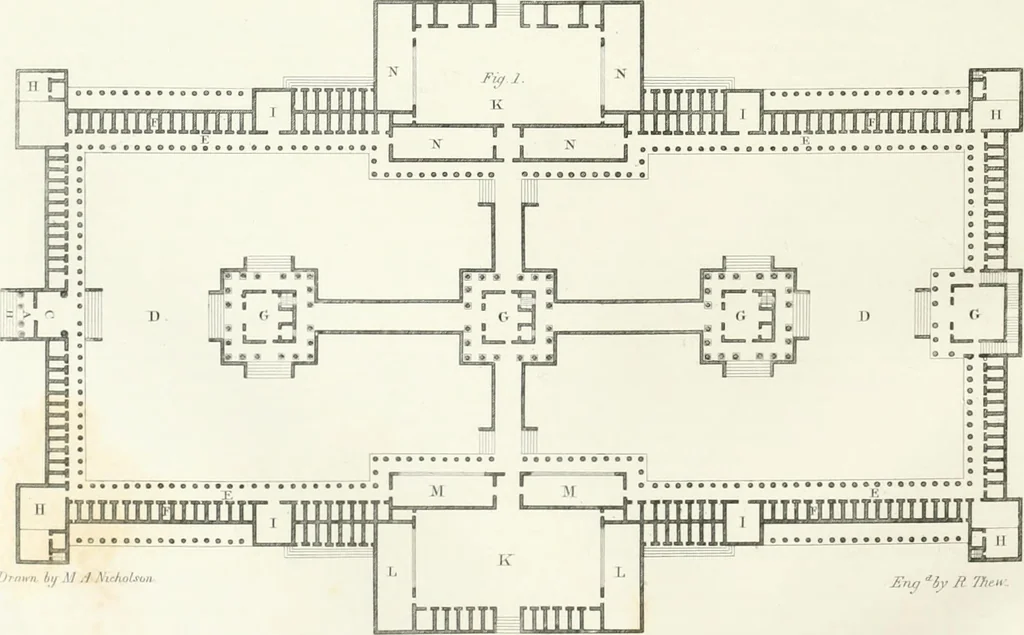 An illustration from Encyclopedia of architecture : a dictionary of the science and practice of architecture, building, carpentry, etc., from the earliest ages to the present time, forming a comprehensive work of reference for the use of architects, builders, carpenters, masons, engineers, students, professional men, and amateurs, 1852, leaf 229