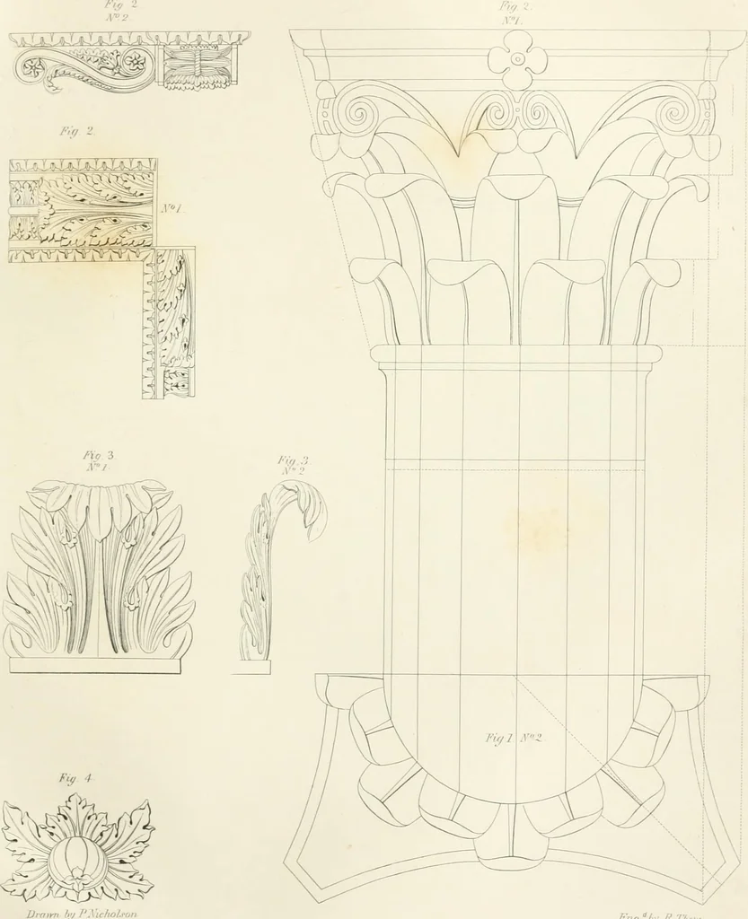 An illustration from Encyclopedia of architecture : a dictionary of the science and practice of architecture, building, carpentry, etc., from the earliest ages to the present time, forming a comprehensive work of reference for the use of architects, builders, carpenters, masons, engineers, students, professional men, and amateurs, 1852, leaf 304