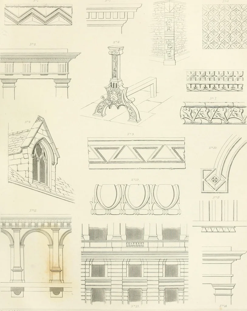 An illustration from Encyclopedia of architecture : a dictionary of the science and practice of architecture, building, carpentry, etc., from the earliest ages to the present time, forming a comprehensive work of reference for the use of architects, builders, carpenters, masons, engineers, students, professional men, and amateurs, 1852, leaf 338