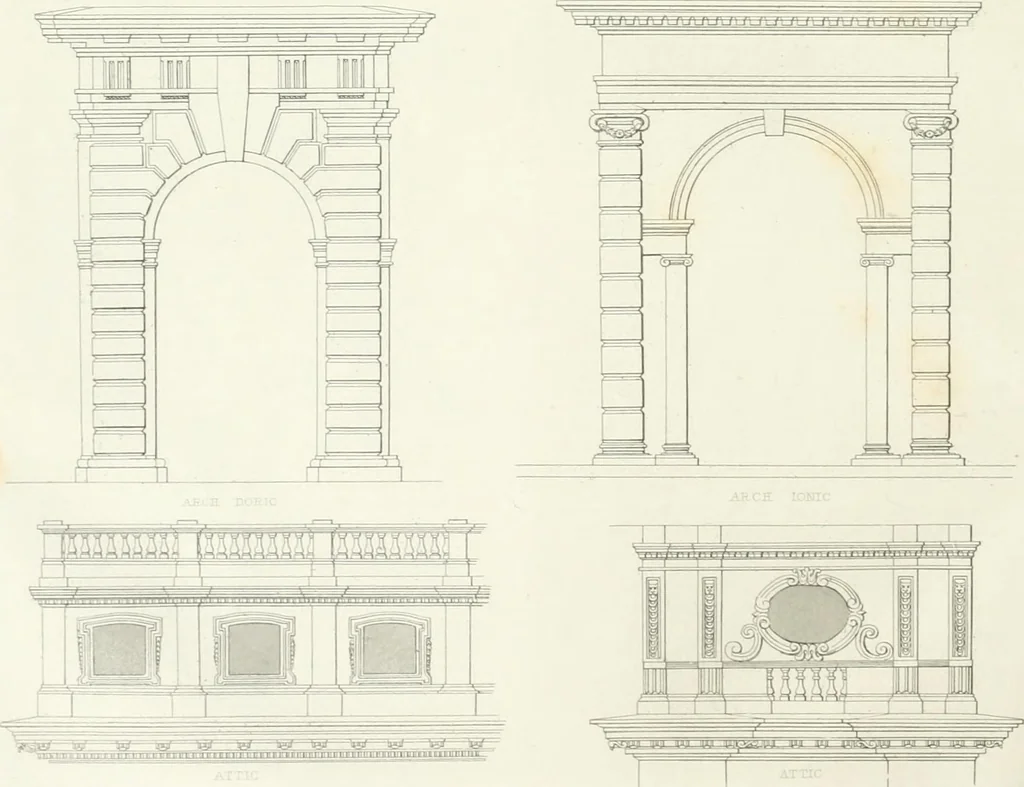 An illustration from Encyclopedia of architecture : a dictionary of the science and practice of architecture, building, carpentry, etc., from the earliest ages to the present time, forming a comprehensive work of reference for the use of architects, builders, carpenters, masons, engineers, students, professional men, and amateurs, 1852, leaf 41