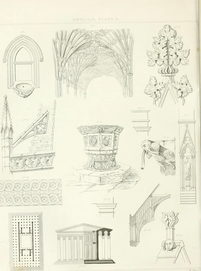 An illustration from Encyclopedia of architecture : a dictionary of the science and practice of architecture, building, carpentry, etc., from the earliest ages to the present time, forming a comprehensive work of reference for the use of architects, builders, carpenters, masons, engineers, students, professional men, and amateurs, 1852, leaf 589