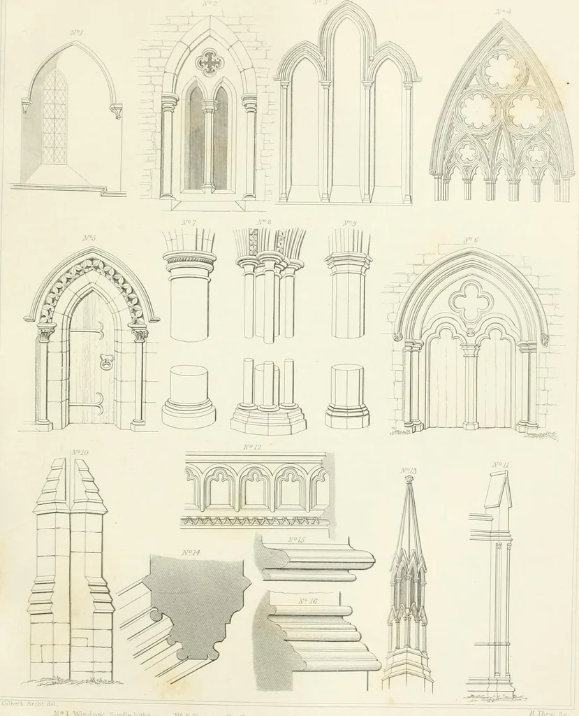 An illustration from Encyclopedia of architecture : a dictionary of the science and practice of architecture, building, carpentry, etc., from the earliest ages to the present time, forming a comprehensive work of reference for the use of architects, builders, carpenters, masons, engineers, students, professional men, and amateurs, 1852, leaf 656