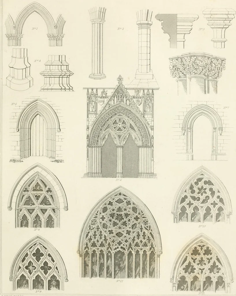 An illustration from Encyclopedia of architecture : a dictionary of the science and practice of architecture, building, carpentry, etc., from the earliest ages to the present time, forming a comprehensive work of reference for the use of architects, builders, carpenters, masons, engineers, students, professional men, and amateurs, 1852, leaf 660